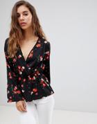 Influence Wrap Front Floral Blouse With Flared Sleeves - Black