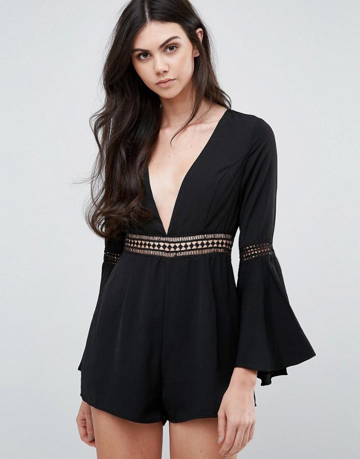Love & Other Things V Neck Bell Sleeve Romper - Black