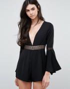 Love & Other Things V Neck Bell Sleeve Romper - Black