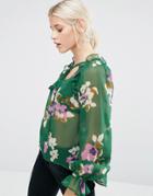 Asos Blouse In Green Floral With Ruffle Sleeve Detail - Multi