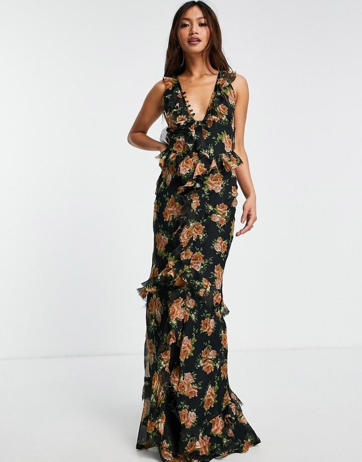 Asos Design Bias Cut Ruffle Maxi Dress With Button Front Detail In Rose Print-multi
