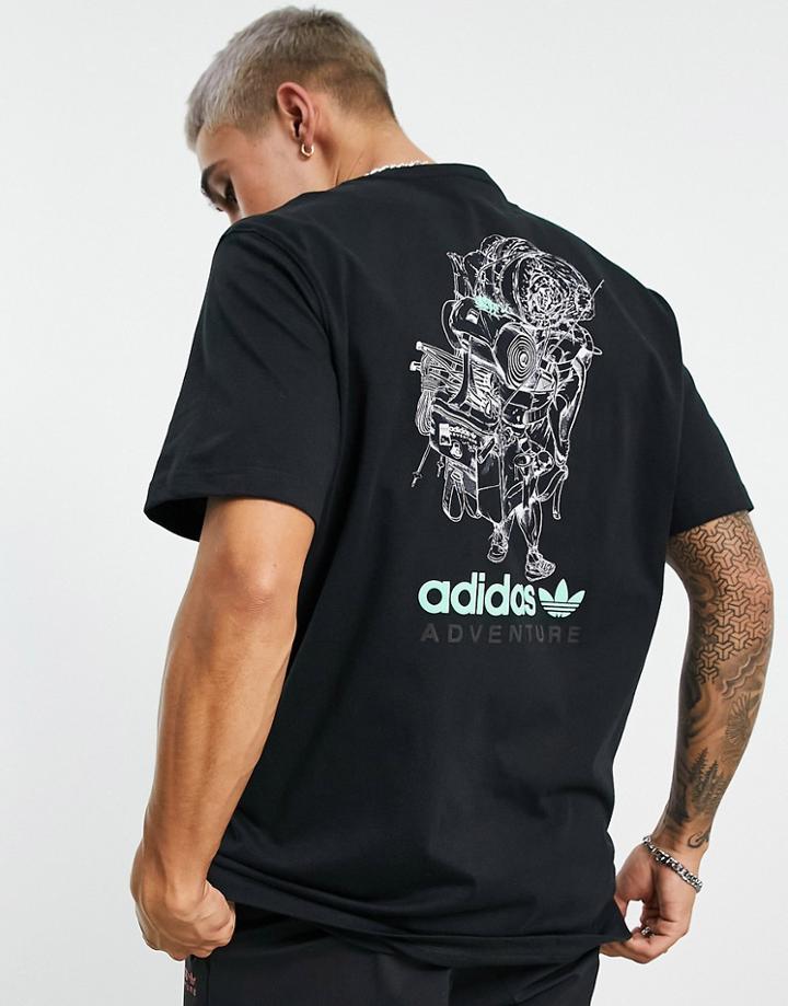 Adidas Originals Adventure T-shirt In Black With Backpack Back Print