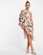 Asos Design One Sleeve Bardot Pleated Pencil Midi Dress In Brown Smudge-multi