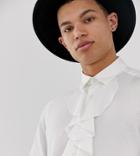 Asos Design Tall Regular Fit Jacquard Shirt With Ruffle Front - White