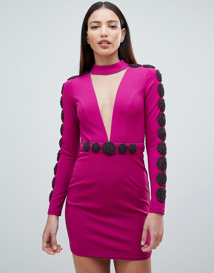 Forever Unique Embellished Mini Dress With Plunge - Purple