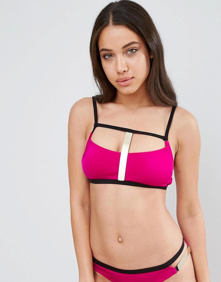 Asos Gold Bar Trim Embellished Crop Bikini Top - Pink