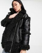 Topshop Faux Leather Oversized Biker Jacket With Faux Fur Details In Black