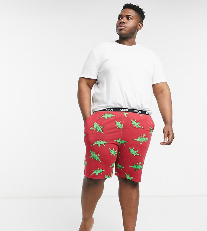 Asos Design Plus Holidays Lounge Pyjama Short In Novelty Dinosaur Print-red