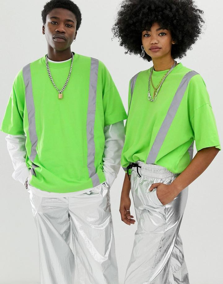 Collusion Unisex Washed T-shirt With Reflective Tape - Green