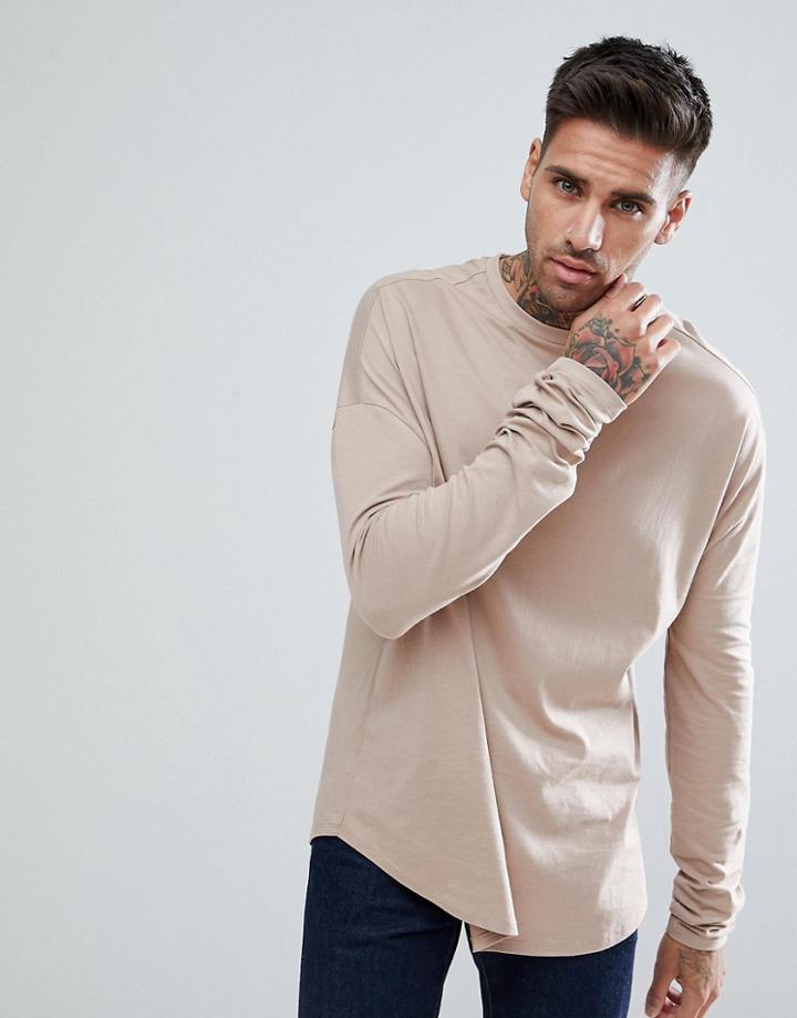 Asos Design Oversized Long Sleeve T-shirt With Slim Arm - Beige