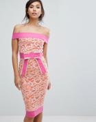 Vesper Bardot Lace Pencil Dress With Bow Detail - Orange