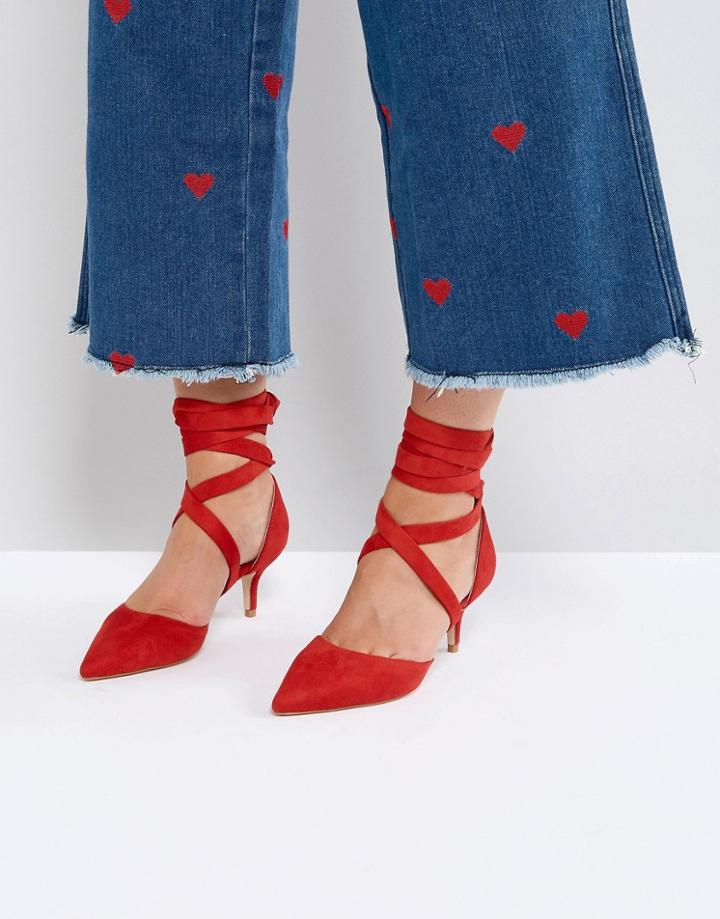 Raid Tanisha Red Kitten Heel Ankle Tie Shoes - Red