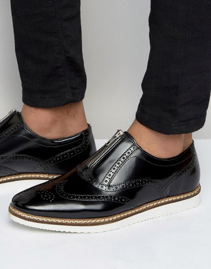 Asos Brogue Shoes In Black Leather With Center Zip - Black