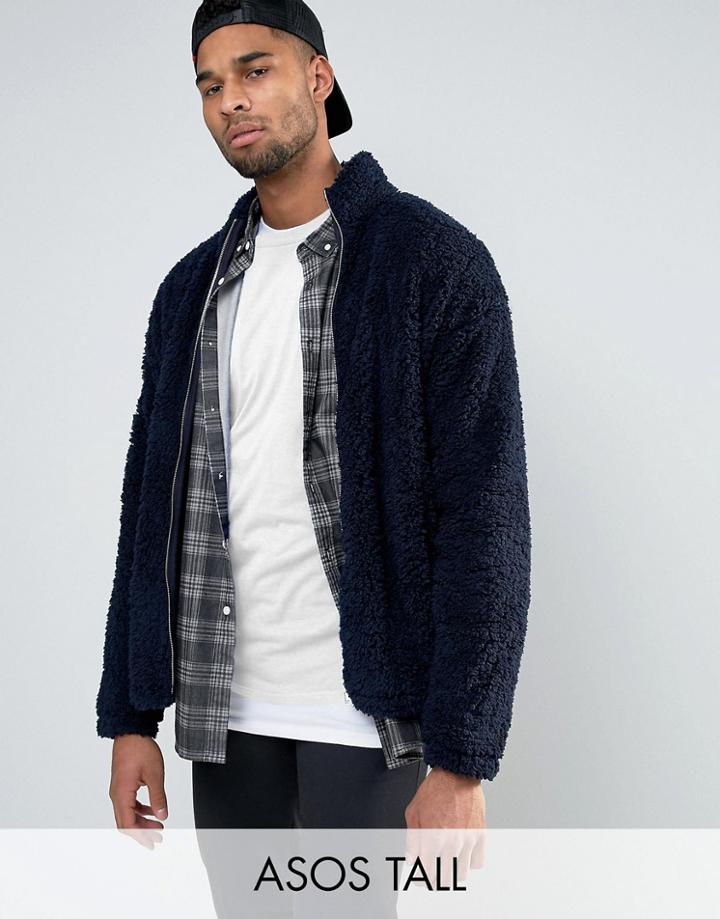 Asos Tall Oversized Borg Track Jacket In Navy - Navy