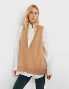 Stradivarius Oversized V-neck Knit Sweater Vest In Camel-neutral