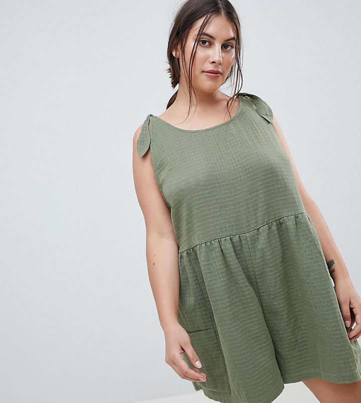 Asos Design Curve Smock Romper With Tie Shoulder - Green