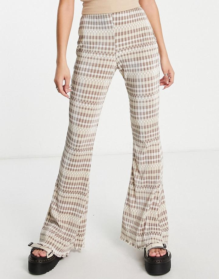 Topshop Checkerboard Print Plisse Flare Pants In Beige - Part Of A Set-brown
