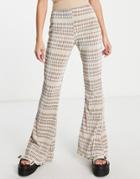 Topshop Checkerboard Print Plisse Flare Pants In Beige - Part Of A Set-brown