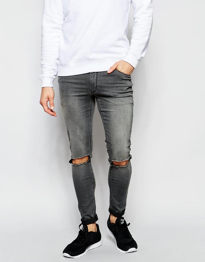 Asos Extreme Super Skinny Jeans With Knee Rips - Mid Gray