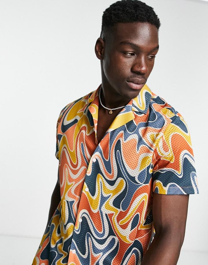 Topman Airtex Swirl Print Shirt In Orange And Blue