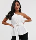 Asos Design Petite One Shoulder Top With Ring Detail-white