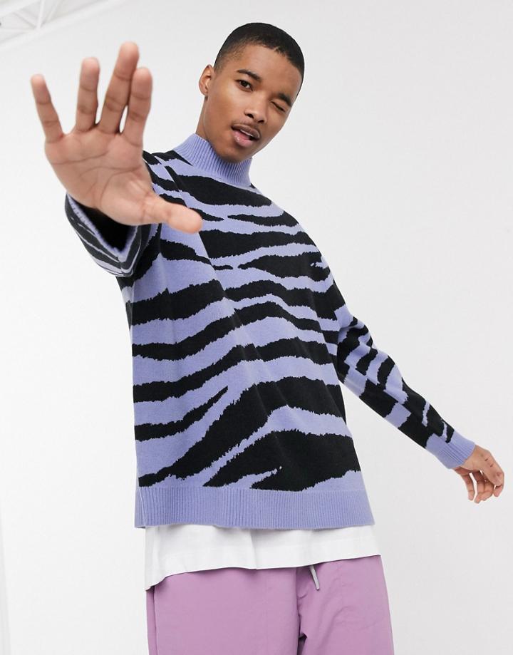 Asos Design Turtleneck Sweater In Purple Zebra