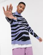 Asos Design Turtleneck Sweater In Purple Zebra