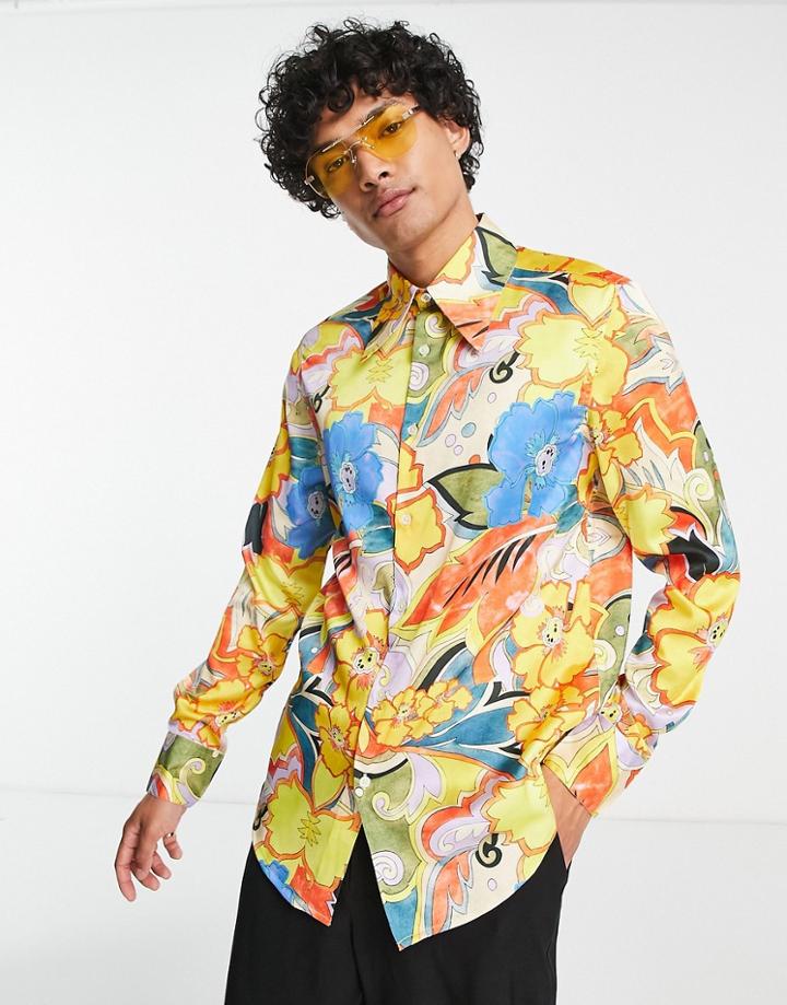Asos Design Satin Shirt With Tie Neck And Blouson Volume Sleeves In Recycled Polyester In Blue - Mblue-multi