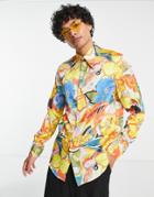 Asos Design Satin Shirt With Tie Neck And Blouson Volume Sleeves In Recycled Polyester In Blue - Mblue-multi