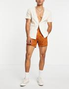 Asos Design Slim Shorts In Satin Palm Tree Pattern-brown