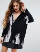 Religion V Neck Top In Feather Print - Black