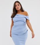 Asos Design Curve Off Shoulder Textured Midi Dress - Blue