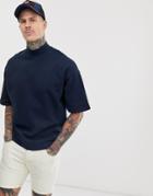 Asos Design Short Sleeve Oversized Turtleneck Sweatshirt In Navy - Navy