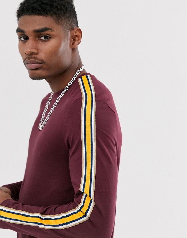 Asos Design Organic Long Sleeve T-shirt With Contrast Taping In Burgundy - Red