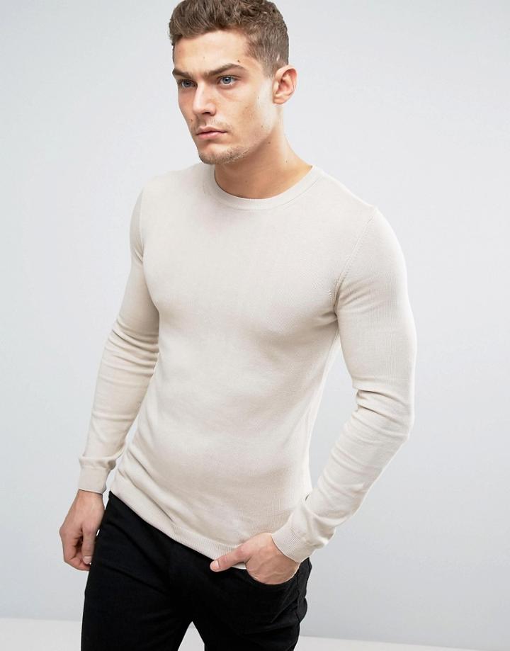 Asos Cotton Crew Neck Sweater In Muscle Fit - Beige