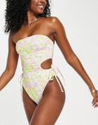 Asos Design Ruched Side Cut Out Bandeau Swimsuit In Ditsy Floral Print-multi