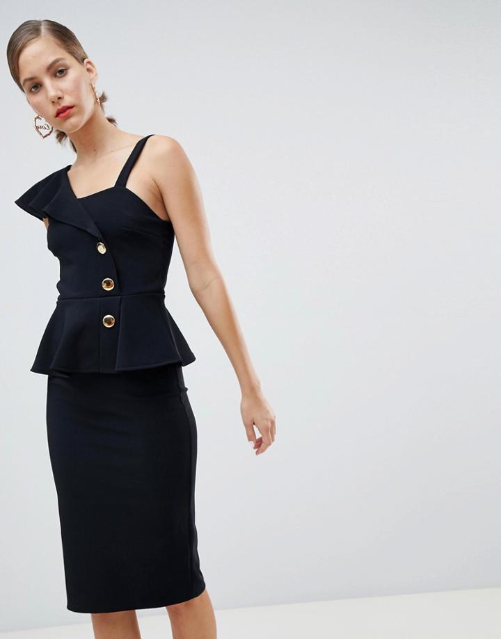 River Island Button Peplum Bodycon Dress In Black
