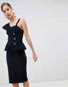 River Island Button Peplum Bodycon Dress In Black