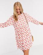 Asos Design Long Sleeve Smock Mini Dress In White Floral Print-multi