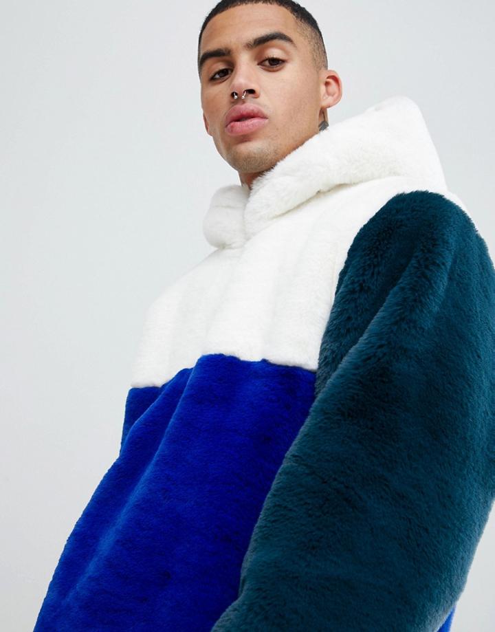 Asos Design Faux Fur Overhead Jacket In Color Block - Blue