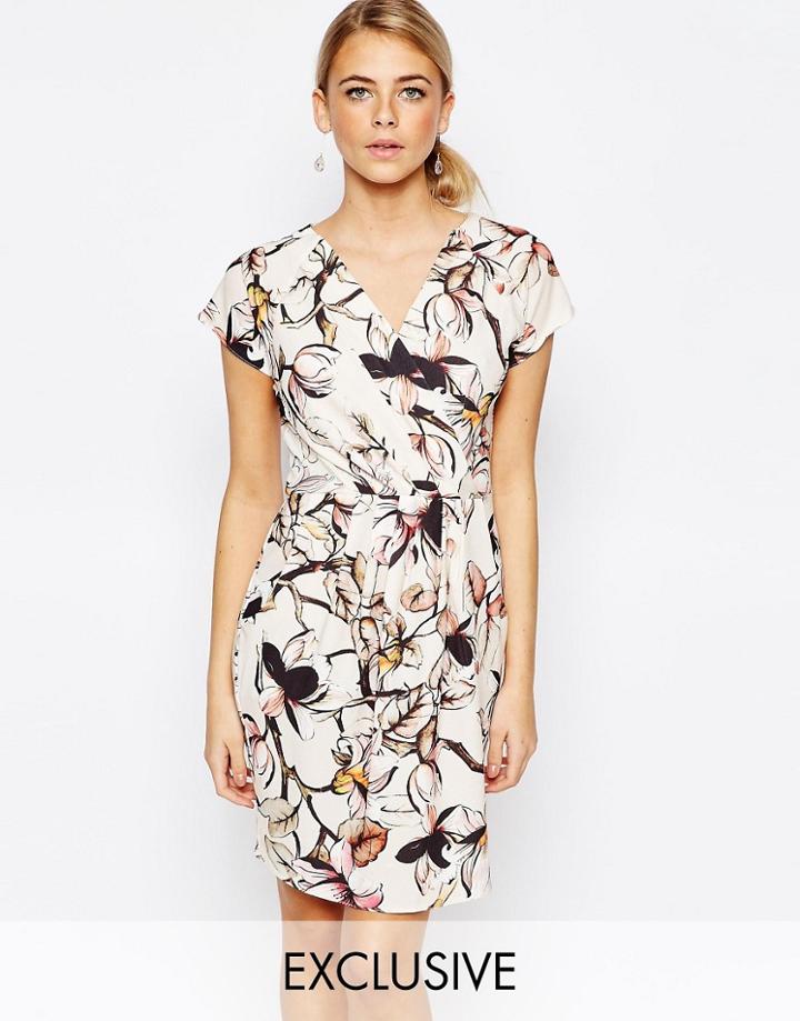 Closet Wrap Front Pleated Pencil Dress - Multi