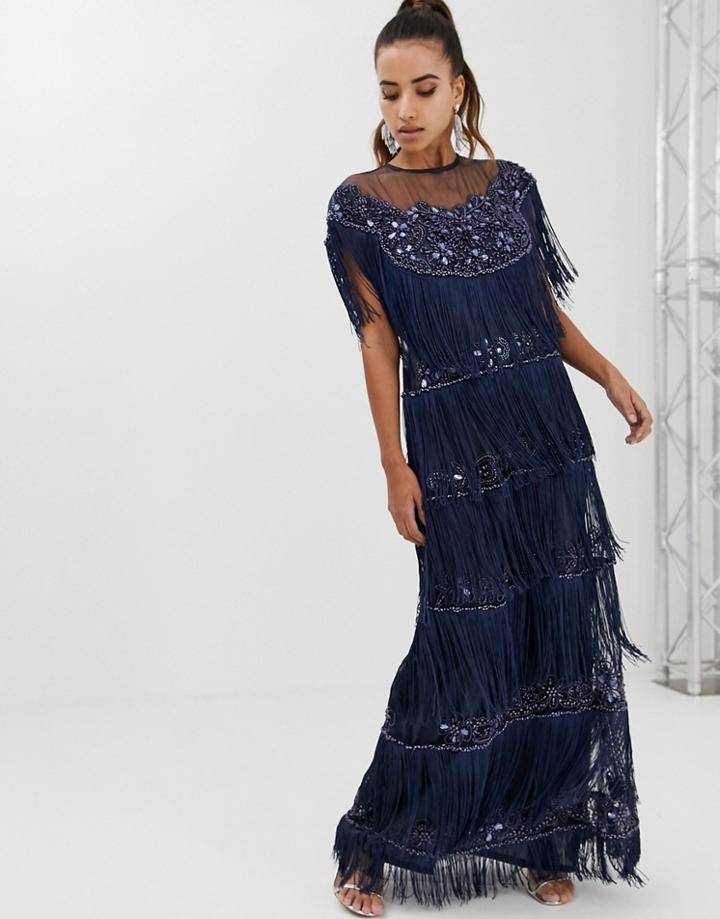 Starry Eyed Short Sleeve Fringed Layered Maxi Dress With Embellished Detail - Navy