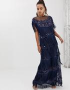 Starry Eyed Short Sleeve Fringed Layered Maxi Dress With Embellished Detail - Navy