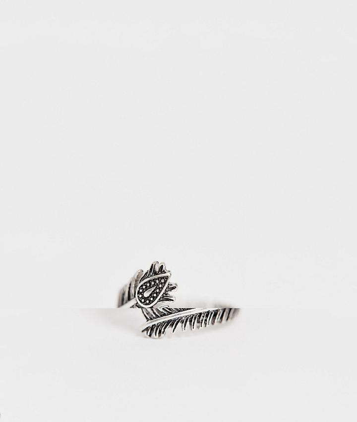 Asos Design Peacock Feather Ring In Burnished Silver Tone - Silver