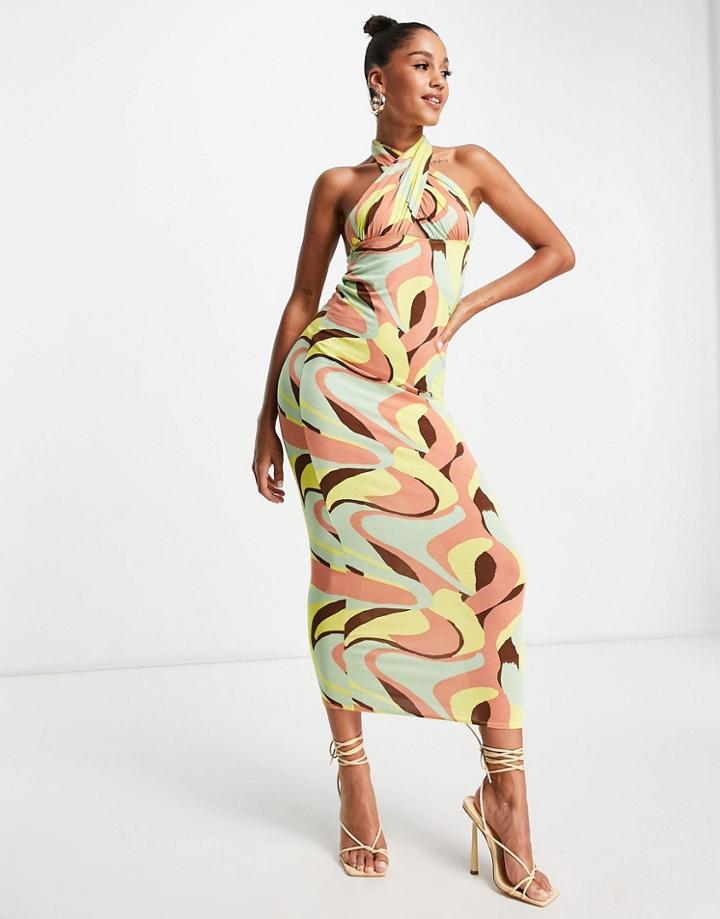 Asos Design Halter Cross Front Maxi Dress In Geo Print-multi