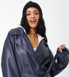 Asos Design Tall Leather Look Oversized Trench Coat In Navy-black