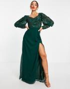Virgos Lounge Embellished Maxi Dress With Balloon Sleeves In Emerald Green-pink