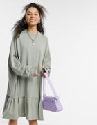 Weekday Erina Mini Smock Dress With Peplum Hem In Khaki-green