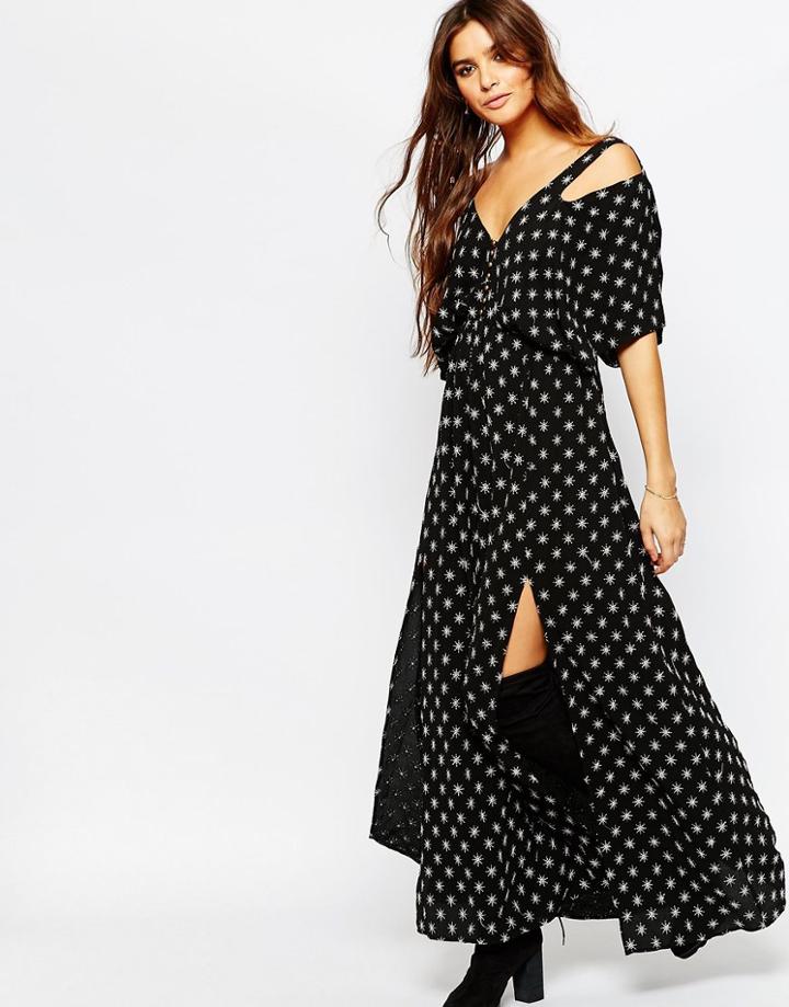 Native Rose Maxi Moonshine Slouch Dress With Buttons Detail. - Black