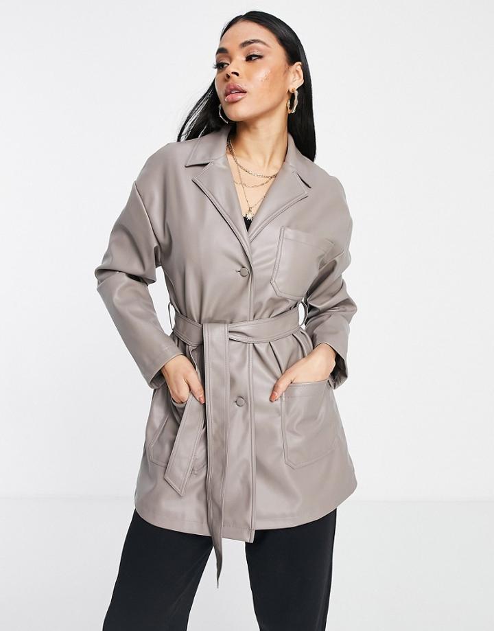 Topshop Faux Leather Belted Shirt Jacket With Revere Collar In Gray